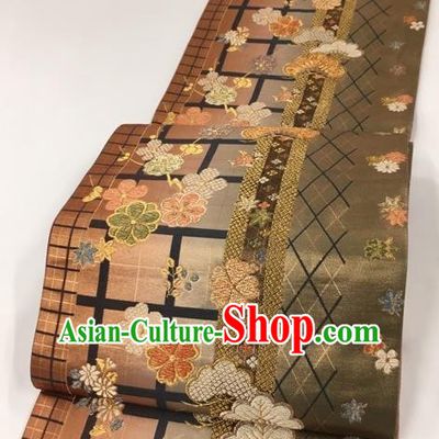 Japanese Traditional Classical Cherry Blossom Pattern Grey Waistband Kimono Brocade Accessories Asian Japan Yukata Belt for Women