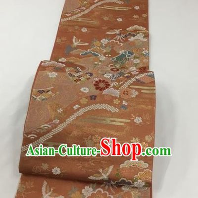 Japanese Traditional Classical Phoenix Cornflower Pattern Orange Waistband Kimono Brocade Accessories Asian Japan Yukata Belt for Women