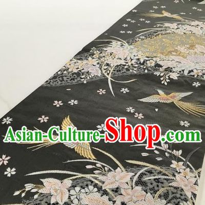 Japanese Traditional Classical Phoenix Orchid Pattern Black Waistband Kimono Brocade Accessories Asian Japan Yukata Belt for Women