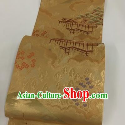 Japanese Traditional Classical Sakura Maple Pattern Golden Waistband Kimono Brocade Accessories Asian Japan Yukata Belt for Women