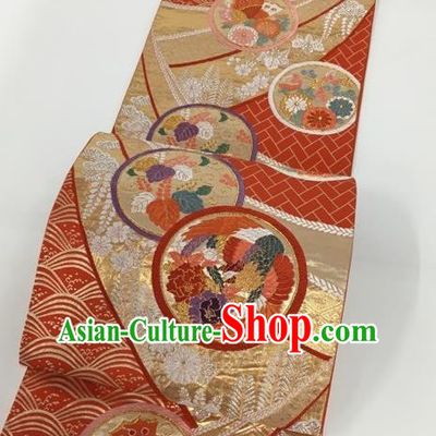 Japanese Traditional Classical Peony Pattern Red Waistband Kimono Brocade Accessories Asian Japan Yukata Belt for Women