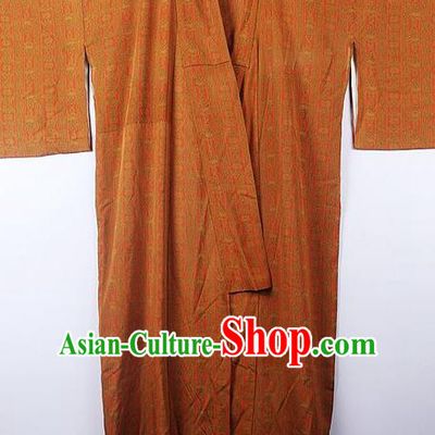 Asian Japanese Palace Pattern Orange Furisode Kimono Traditional Japan Yukata Dress for Women