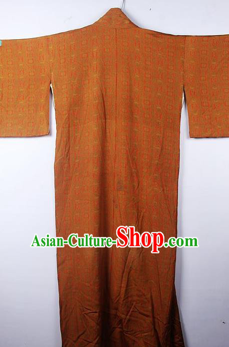 Asian Japanese Palace Pattern Orange Furisode Kimono Traditional Japan Yukata Dress for Women