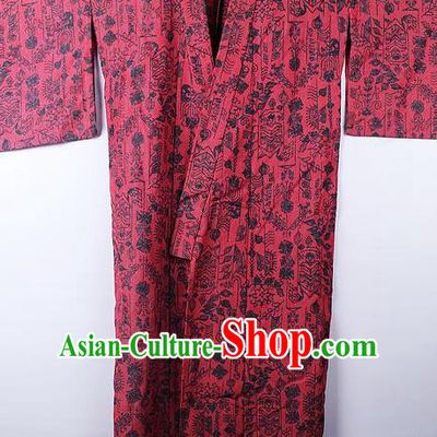 Asian Japanese Palace Pattern Rosy Furisode Kimono Traditional Japan Yukata Dress for Women