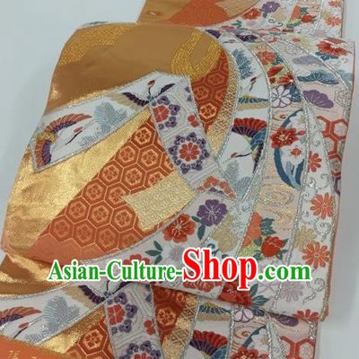Japanese Traditional Classical Crane Sakura Pattern Orange Waistband Kimono Brocade Accessories Asian Japan Yukata Belt for Women