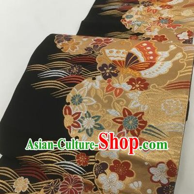 Japanese Traditional Classical Butterfly Pattern Black Waistband Kimono Brocade Accessories Asian Japan Yukata Belt for Women