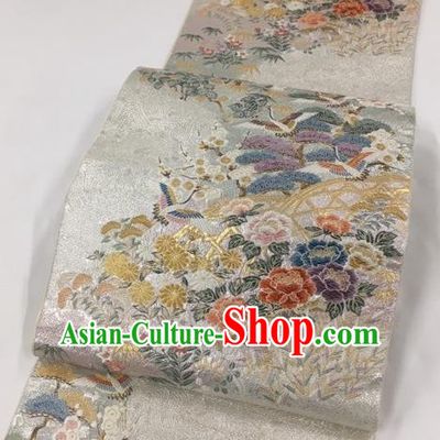 Japanese Traditional Classical Plum Peony Pattern Argent Waistband Kimono Brocade Accessories Asian Japan Yukata Belt for Women