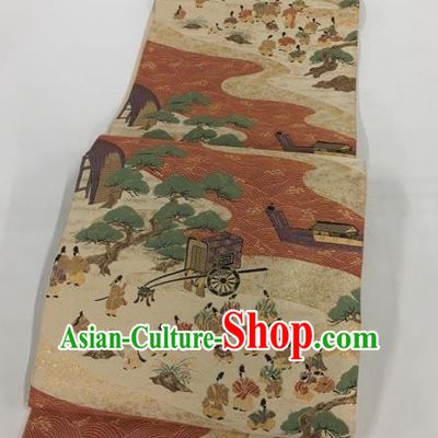 Japanese Traditional Classical Pine Pattern Rust Red Waistband Kimono Brocade Accessories Asian Japan Yukata Belt for Women