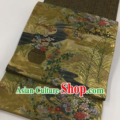 Japanese Traditional Classical Cornflower Peony Pattern Olive Green Waistband Kimono Brocade Accessories Asian Japan Yukata Belt for Women
