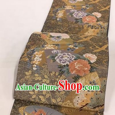 Japanese Traditional Classical Cornflower Peony Pattern Brown Waistband Kimono Brocade Accessories Asian Japan Yukata Belt for Women
