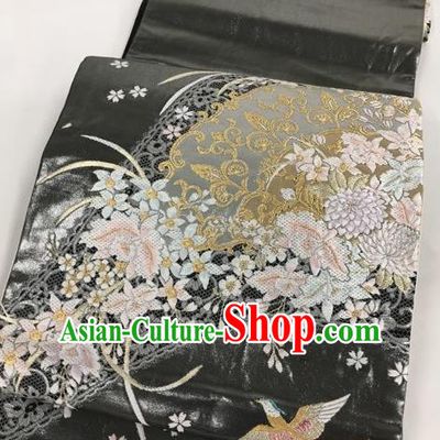 Japanese Traditional Classical Chrysanthemum Phoenix Pattern Black Waistband Kimono Brocade Accessories Asian Japan Yukata Belt for Women