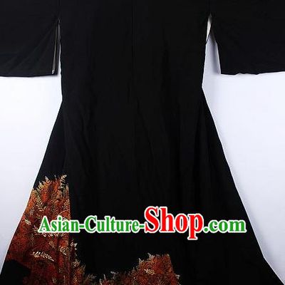 Asian Japanese Samurai Classical Red Leaf Pattern Black Yukata Robe Traditional Japan Kimono Costume for Men