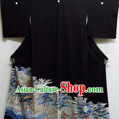 Asian Japanese Samurai Classical Pattern Black Yukata Robe Traditional Japan Kimono Costume for Men