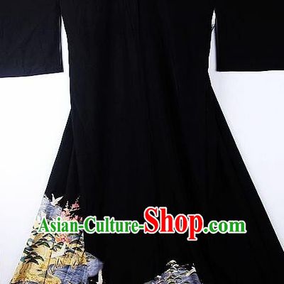 Asian Japanese Samurai Classical Flow Pattern Black Yukata Robe Traditional Japan Kimono Costume for Men