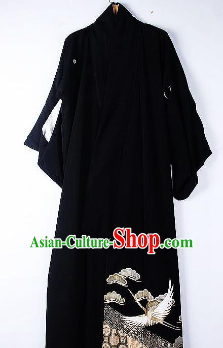 Asian Japanese Samurai Classical Cloud Crane Pattern Black Yukata Robe Traditional Japan Kimono Costume for Men Asian Japanese Samurai Classical Cloud Crane Pattern Black Yukata Robe Traditional Japan Kimono Costume for Men