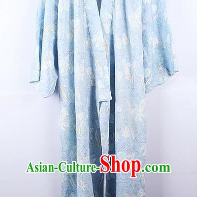 Asian Japanese Ceremony Palace Printing Blue Kimono Traditional Japan Yukata Dress for Women