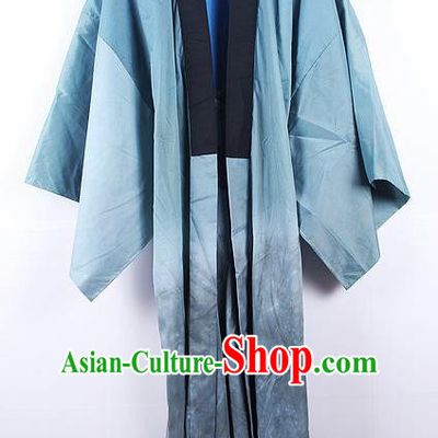 Asian Japanese Samurai Classical Pattern Blue Yukata Robe Traditional Japan Kimono Costume for Men