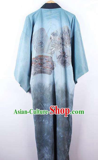 Asian Japanese Samurai Classical Pattern Blue Yukata Robe Traditional Japan Kimono Costume for Men Asian Japanese Samurai Classical Pattern Blue Yukata Robe Traditional Japan Kimono Costume for Men