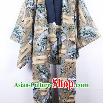 Asian Japanese Samurai Classical Pattern Khaki Yukata Robe Traditional Japan Kimono Costume for Men