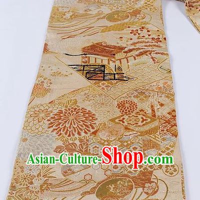 Japanese Classical Chrysanthemum Pattern Golden Waistband Kimono Accessories Asian Traditional Yukata Brocade Belt for Women