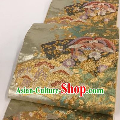 Japanese Traditional Classical Phoenix Pattern Green Waistband Kimono Brocade Accessories Asian Japan Yukata Belt for Women