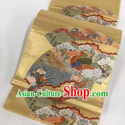Japanese Traditional Classical Phoenix Peony Pattern Golden Waistband Kimono Brocade Accessories Asian Japan Yukata Belt for Women