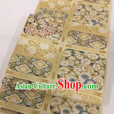 Japanese Traditional Classical Peony Pattern Yellow Waistband Kimono Brocade Accessories Asian Japan Yukata Belt for Women
