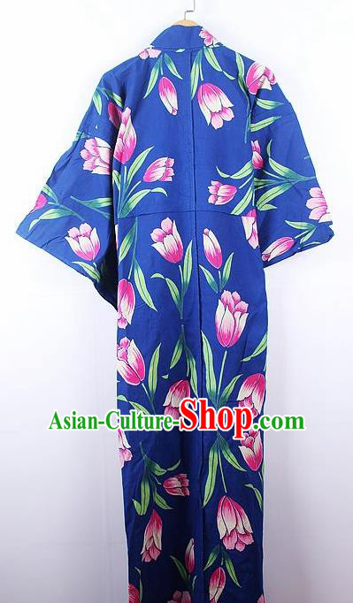 Asian Japanese Ceremony Printing Tulip Blue Kimono Dress Traditional Japan Yukata Costume for Women Asian Japanese Ceremony Printing Tulip Blue Kimono Dress Traditional Japan Yukata Costume for Women