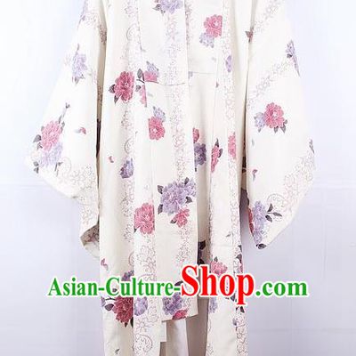 Asian Japanese Ceremony Printing Camellia White Kimono Dress Traditional Japan Yukata Costume for Women