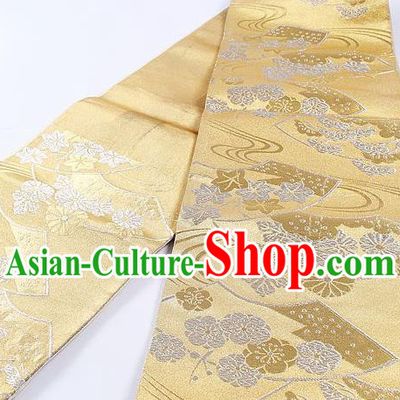 Japanese Traditional Classical Cornflower Maple Leaf Pattern Golden Waistband Kimono Brocade Accessories Asian Japan Yukata Belt for Women