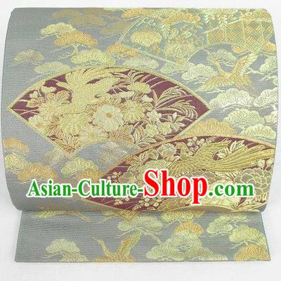 Japanese Traditional Classical Cloud Crane Pattern Grey Waistband Kimono Brocade Accessories Asian Japan Yukata Belt for Women