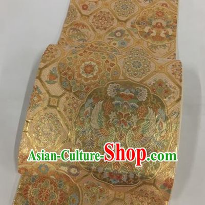 Japanese Traditional Classical Phoenix Peony Pattern Golden Waistband Kimono Brocade Accessories Asian Japan Yukata Belt for Women