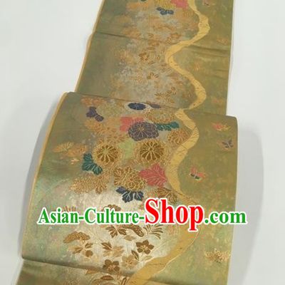 Japanese Traditional Classical Cornflower Pattern Light Green Waistband Kimono Brocade Accessories Asian Japan Yukata Belt for Women