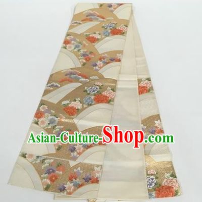 Japanese Traditional Classical Peony Pattern White Waistband Kimono Brocade Accessories Asian Japan Yukata Belt for Women