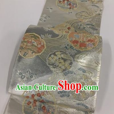 Japanese Traditional Classical Peony Pattern Argent Waistband Kimono Brocade Accessories Asian Japan Yukata Belt for Women