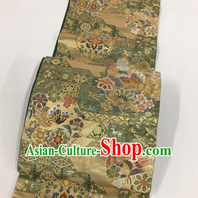 Japanese Traditional Classical Flowers Pattern Olive Green Waistband Kimono Brocade Accessories Asian Japan Yukata Belt for Women