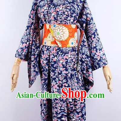 Asian Japanese Ceremony Printing Royalblue Kimono Dress Traditional Japan Yukata Costume for Women