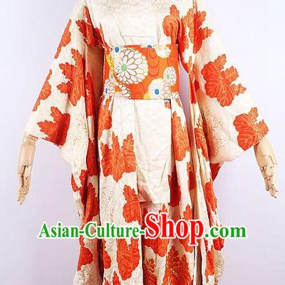 Asian Japanese Ceremony Printing Red Leaf Kimono Dress Traditional Japan Yukata Costume for Women