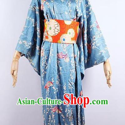 Asian Japanese Ceremony Printing Primrose Blue Kimono Dress Traditional Japan Yukata Costume for Women