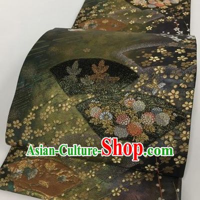 Japanese Traditional Classical Chrysanthemum Sakura Pattern Black Waistband Kimono Brocade Accessories Asian Japan Yukata Belt for Women