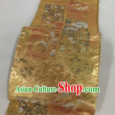 Japanese Traditional Classical Orchid Pattern Golden Waistband Kimono Brocade Accessories Asian Japan Yukata Belt for Women