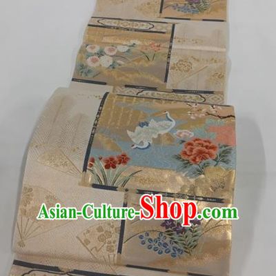 Japanese Traditional Classical Peony Crane Pattern Khaki Waistband Kimono Brocade Accessories Asian Japan Yukata Belt for Women