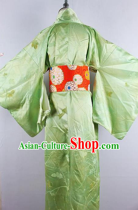 Asian Japanese Ceremony Green Silk Kimono Dress Traditional Japan Yukata Costume for Women Asian Japanese Ceremony Green Silk Kimono Dress Traditional Japan Yukata Costume for Women