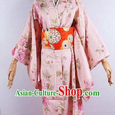 Japanese Ceremony Costume Printing Peony Pink Silk Kimono Dress Traditional Asian Japan Yukata for Women