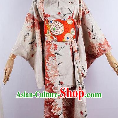 Japanese Ceremony Costume Printing Khaki Silk Kimono Dress Traditional Asian Japan Yukata for Women