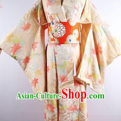 Japanese Ceremony Costume Printing Maple Leaf Silk Kimono Dress Traditional Asian Japan Yukata for Women