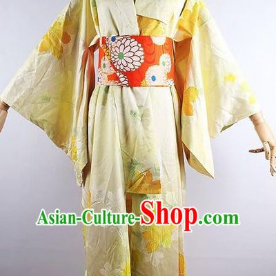 Japanese Ceremony Costume Printing Yellow Silk Kimono Dress Traditional Asian Japan Yukata for Women