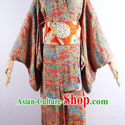 Japanese Ceremony Costume Printing Silk Kimono Dress Traditional Asian Japan Yukata for Women