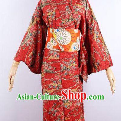 Asian Japanese Ceremony Printing Sakura Red Kimono Dress Traditional Japan Yukata Costume for Women