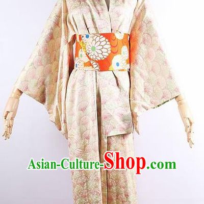 Japanese Ceremony Costume Printing Light Golden Silk Kimono Dress Traditional Asian Japan Yukata for Women